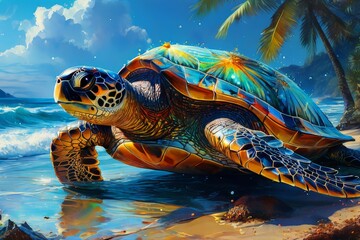 Obraz premium a Portrait of turtle, sea turtle peacefully floating
