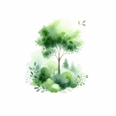 Lush greenery in a summer forest. watercolor illustration, A forest in watercolor clipart, beautiful green spring landscape.