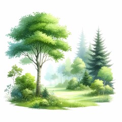 Lush greenery in a summer forest. watercolor illustration, A forest in watercolor clipart, beautiful green spring landscape.