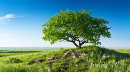 Fototapeta na wymiar Solitary oak tree stands on lush green hill with clear blue skies, beautiful nature landscape scene