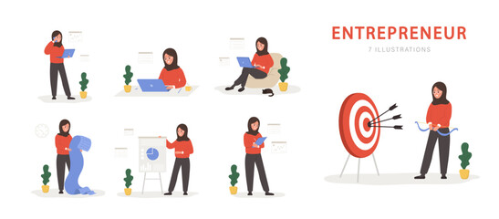 Fototapeta premium Set of female entrepreneurs. Successful arabian women in various scenes. Modern office worker or business expert. Vector illustration in flat cartoon style.
