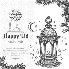 Happy Eid Mubarak template in black and white style