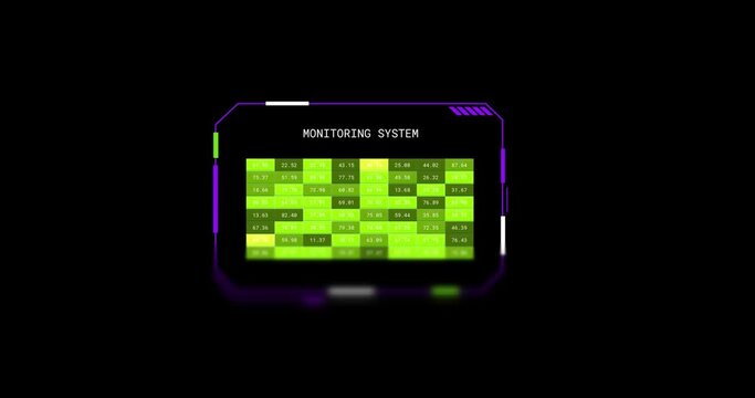 Animation of interface screen with monitoring system text numbers and green lights, on black
