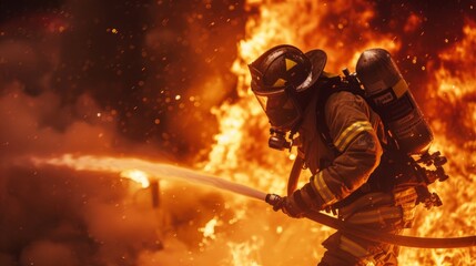 A firefighter, holding a water cannon leaps into the flames inside the house
 - obrazy, fototapety, plakaty