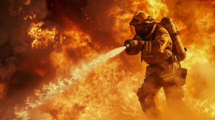 Fototapeta premium A firefighter, holding a water cannon leaps into the flames inside the house 