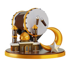 3d islam mosque, bedug, and moon illustration
