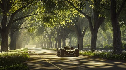 Driving the electrical car through the winding road, they marveled at how it harmonized with the natural landscape