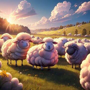 Fluffy white sheep in the grasslands of UK
