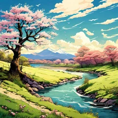 Foto op Canvas river bank with mountain background spring landscape illustration. © boying