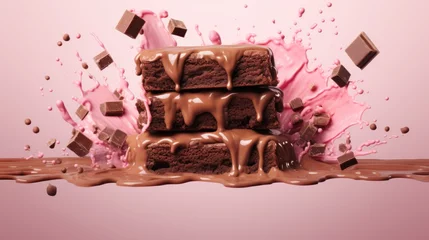 Poster Advertising shoot of brownies dessert on a pink background. © vlntn