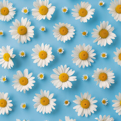 A repetitive and calming pattern of fresh white daisies on a crisp blue background, suitable for various designs