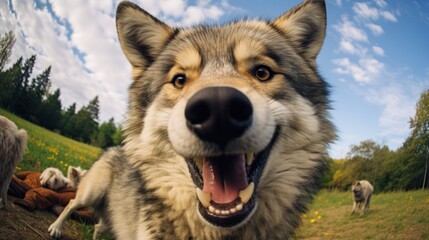 Close-up selfie portrait of a wolf.