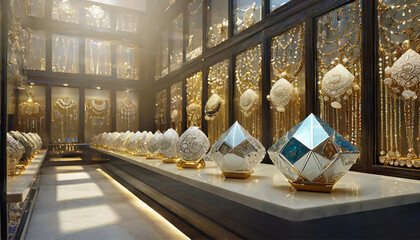 A gallery full of precious stones shining in display cases, at a special exhibition of a jewelry collector