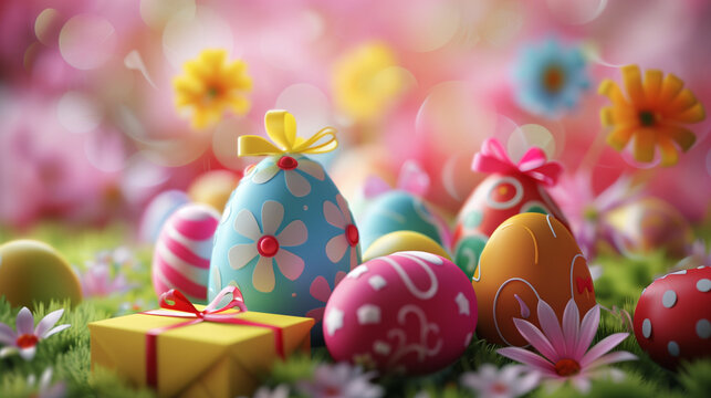 Vibrant celebratory image with Easter eggs and presents amid spring flowers, signaling the joy of the Easter season