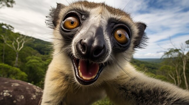 Close-up selfie portrait of a lemur.