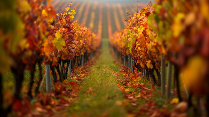 Vineyard path lined with colorful autumn leaves.