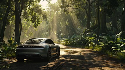 On the quiet road, the electrical car allowed its passengers to fully appreciate the beauty of nature.