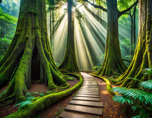 A mysterious road in a rainforest, illuminated by sunlight filtering through huge trees
