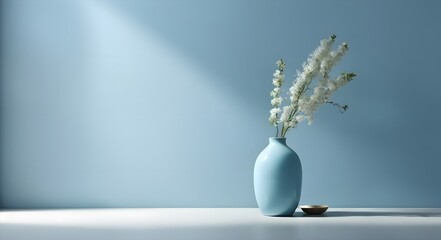 minimalist photo of a light blue wall with a vase