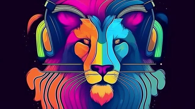 Animation of colored lion wearing headphones. Cartoon anime style. Video background for music