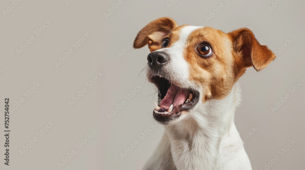 Wall mural cute jack russel terrier dog with a funny shocked expression isolated on studio background