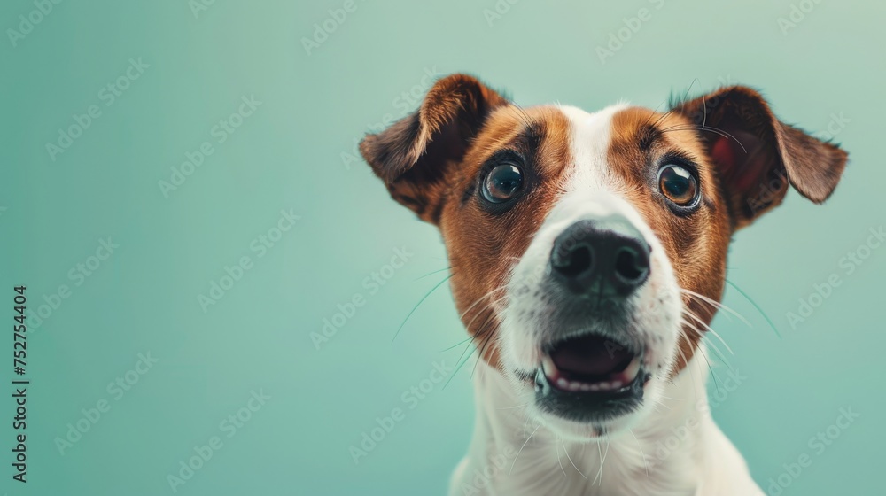 Wall mural cute jack russel terrier dog with a funny shocked expression isolated on studio background