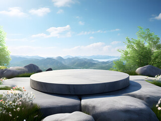Fototapeta na wymiar granite-podium-realistic-juxtaposing-with-spring-nature-minimalism-placed-within-a-serene-outdoor