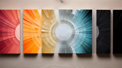 Abstract background with multicolored rays of light on a wooden surface