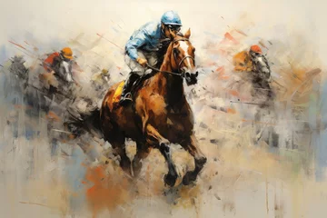 Rolgordijnen Photo watercolor sports art horse racing, Race horse with jockey on watercolor splatter background, Ai generated © Tanu