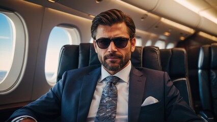Businessman enjoy airplane luxurious first-class cabins