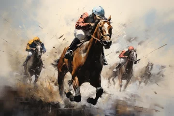 Fotobehang Photo watercolor sports art horse racing, Race horse with jockey on watercolor splatter background, Ai generated © Tanu