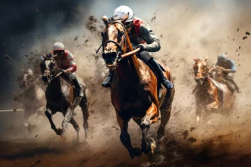 Fensteraufkleber Photo watercolor sports art horse racing, Race horse with jockey on watercolor splatter background, Ai generated © Tanu