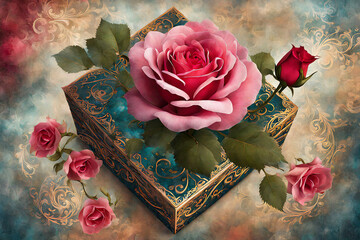 An Artistic Representation of a Rose Emerging from an Ornate Gift Box Surrounded by Ethereal Beauty