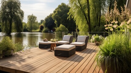 Relaxing area on wooden deck and terrace - obrazy, fototapety, plakaty