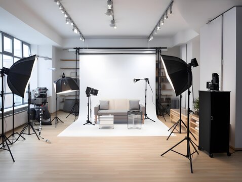 Interior of modern photo studio with professional equipment. 3d rendering