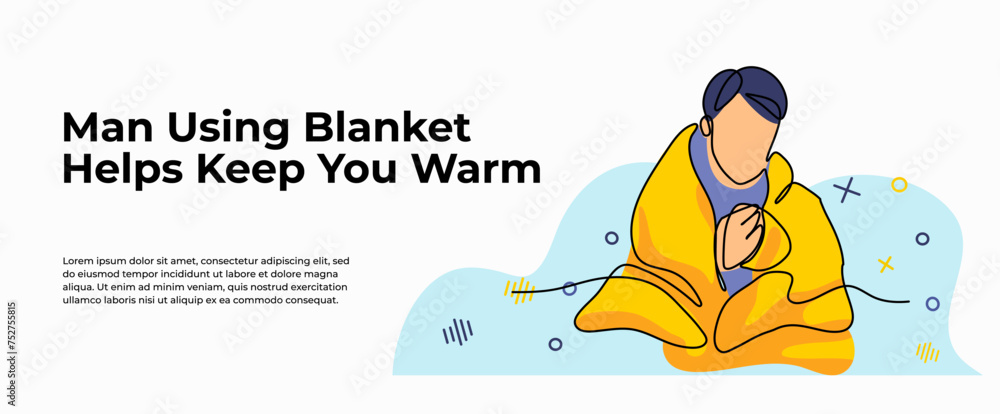 Poster vector illustration of a boy was cold and then covered in a blanket. modern flat in continuous line 