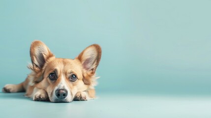 studio portrait of a sad tired corgi dog isolated on a light blue background