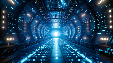 Futuristic Corridor, Sci-Fi Aesthetic in Design, Neon Lights Guide Through Technological Progress
