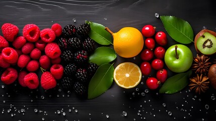 Composition of fresh fruits and berries on black background, panoramic shot