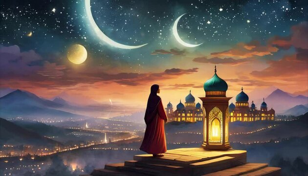 woman holding arabic lantern on the cliff with mosque, crescent moon, stars, mountain and islamic arab scenery, ramadan concept animation with copy space
