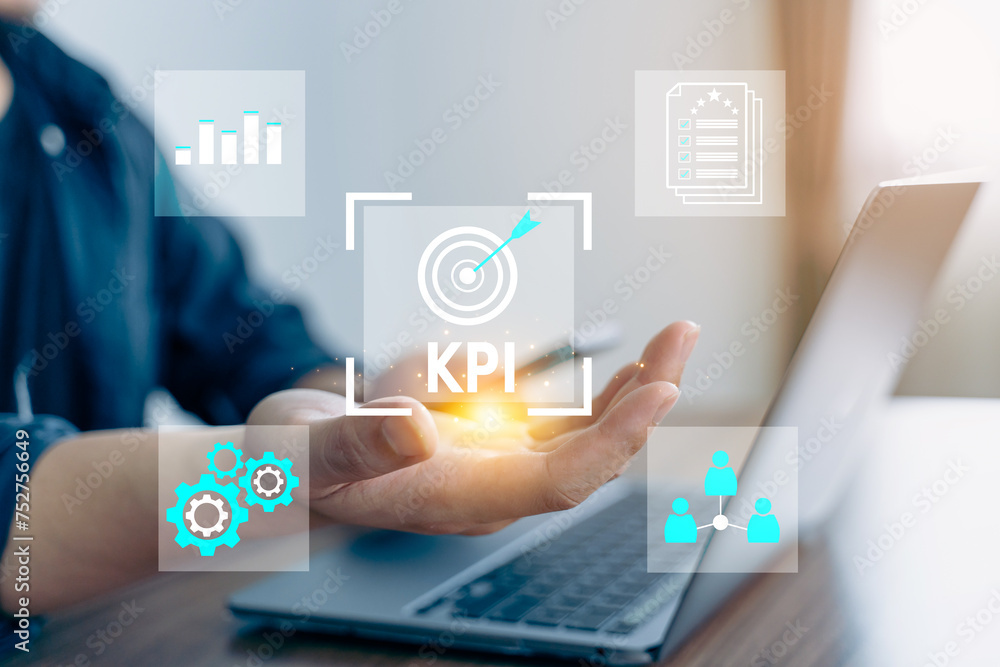 Poster kpi for performance indicator of business, measurement, optimization, strategy, evaluation and check