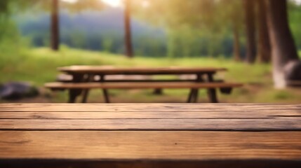 Fototapeta premium wooden table on blurred camping background