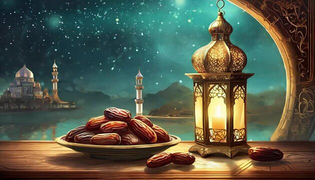 arab lantern animation on wooden surface in the night with dates for break fasting or iftar, mosque, and stars , for ramadan kareem or eid mubarak. fitr adha event ceremony background with copy space