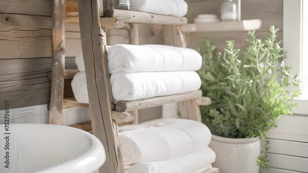 Poster an old ladder transformed into a unique and functional towel rack with each rung holding a rolled up