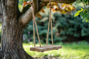 Handmade wooden swing hanging from a tree branch with greenery in the background.