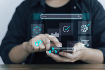 Search Engine bar on screen, Technology Data Search on website and Business keyword search or idea finding concept.