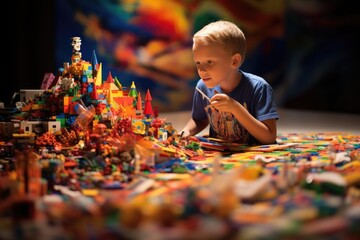 Joyous moment of a kid engrossed in play, creating a world of wonder with vibrant and colorful lego pieces, AI generated - obrazy, fototapety, plakaty