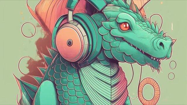Animation color dragon in headphones. Cartoon anime style. Video background for music. Pop art