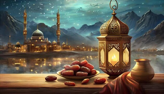 arab lantern animation on wooden surface in the night with dates for break fasting or iftar, mosque, and stars , for ramadan kareem or eid mubarak. fitr adha event ceremony background with copy space