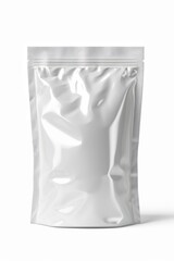 White blank foil food doy pack, pouch bag, packaging with zipper,  white background. AI generated